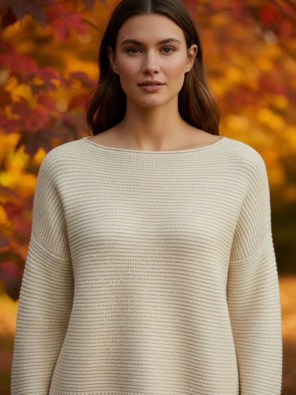 Tommy Bahama Cream Scoop-Neck Ribbed Knit Sweater Metallic Gold Accents